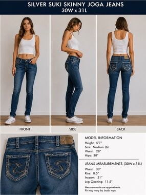 Silver Suki Skinny Joga Jeans 30x31 Medium Wash Stretch Denim Jeans